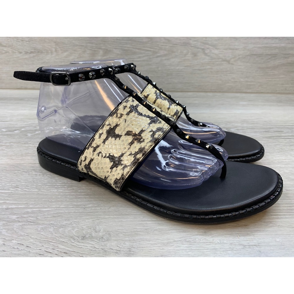 Donald J Pliner Women's Snakeskin Studded T-Strap Flat Sandals Black Beige 8.5